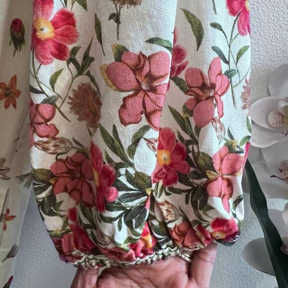 Max Studio Linen V-Neck Floral Printed Puff Sleeve Midi Dress Loose Fit Boho L - Picture 6 of 10